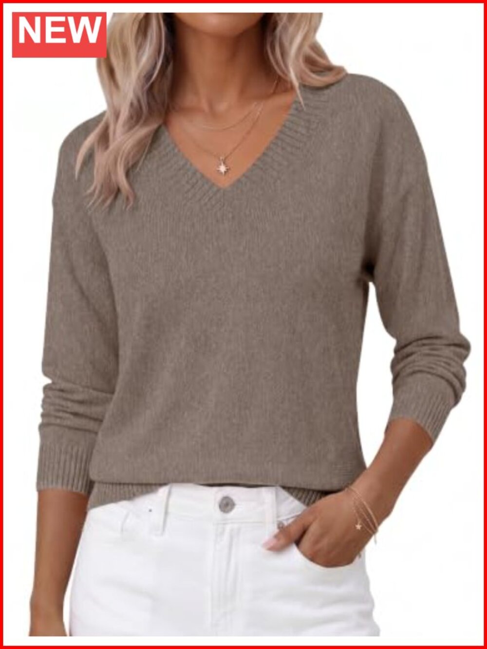 LOMON Women's V-Neck Long Sleeve Knit Sweater Pullover